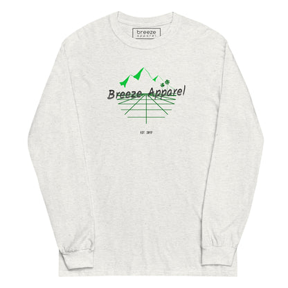Ash-gray long-sleeved shirt with 'Breeze Apparel' logo set on a graphic of a grid, palm trees, and mountains.