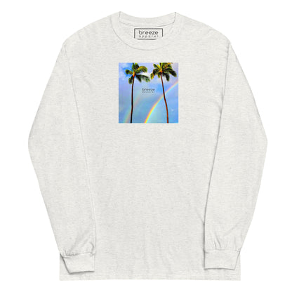 Ash-gray long-sleeved shirt with a graphic of palm trees, rainbow, and a clear blue sky in the background. A small, black 'breeze apparel' logo is between the trees.