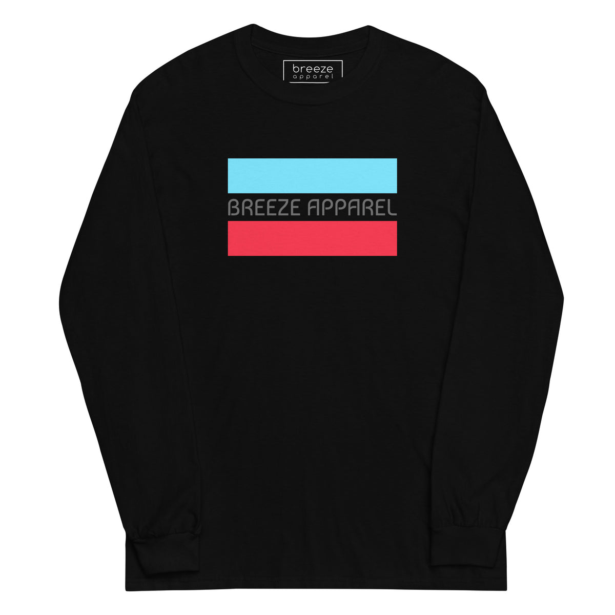 Black long-sleeved shirt with gray 'Breeze Apparel' logo between horizontal bars, the top being light blue and the bottom being red.
