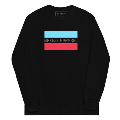 Black long-sleeved shirt with gray 'Breeze Apparel' logo between horizontal bars, the top being light blue and the bottom being red.