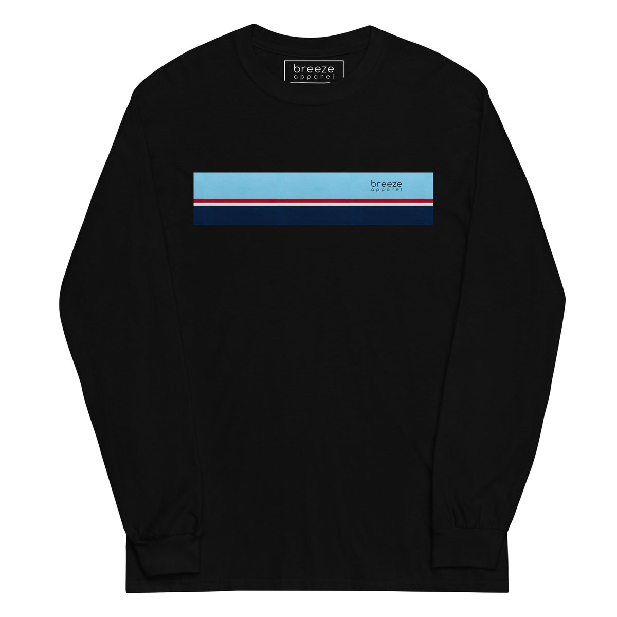 Black long-sleeved shirt with horizontal blue, red, white, and navy stripe with small black 'breeze apparel' logo