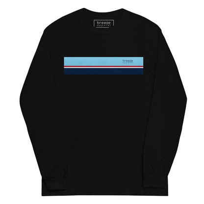 Black long-sleeved shirt with horizontal blue, red, white, and navy stripe with small black 'breeze apparel' logo