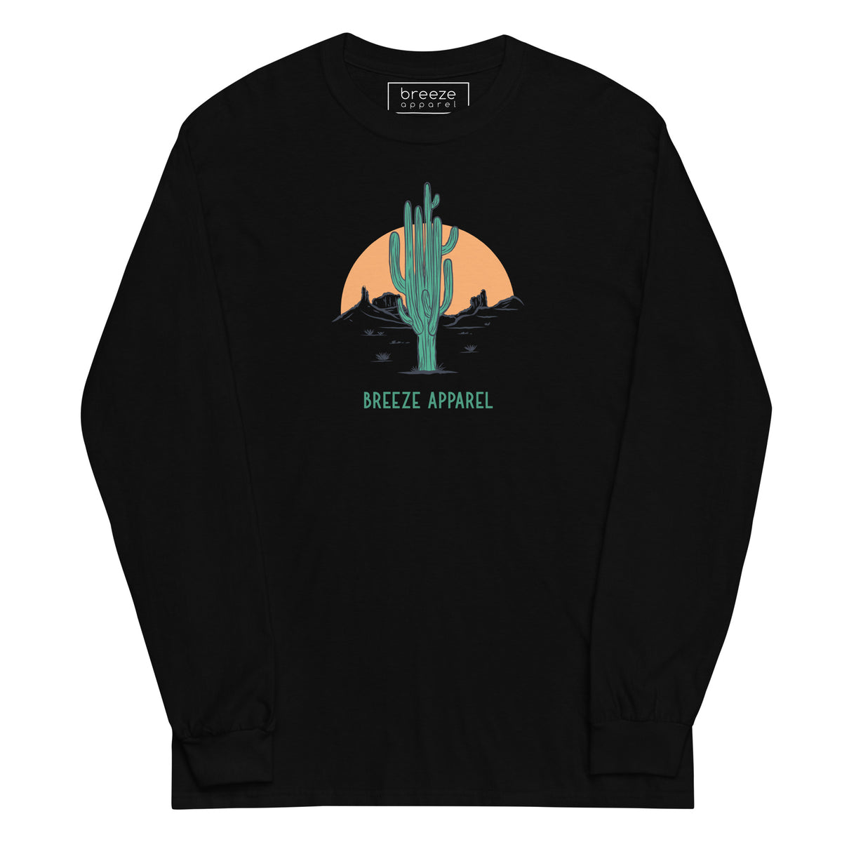 Black long-sleeved shirt with a graphic of a cactus and sunset, with 'Breeze Apparel' written in green below.