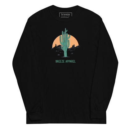 Black long-sleeved shirt with a graphic of a cactus and sunset, with 'Breeze Apparel' written in green below.