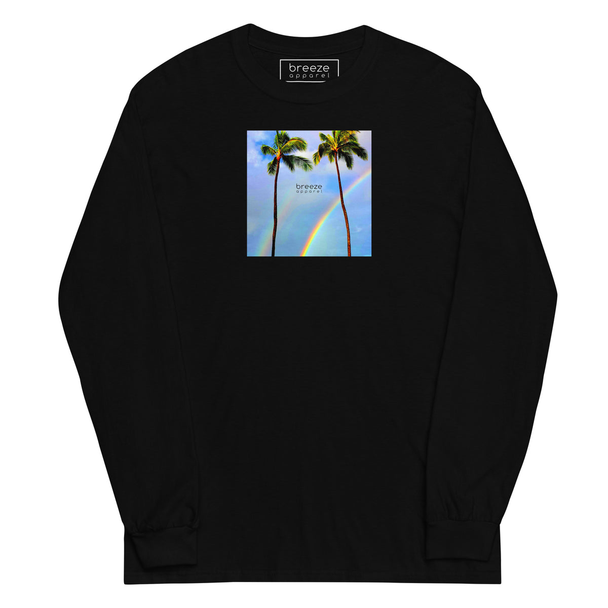 Black long-sleeved shirt with a graphic of palm trees, rainbow, and a clear blue sky in the background. A small, black 'breeze apparel' logo is between the trees.