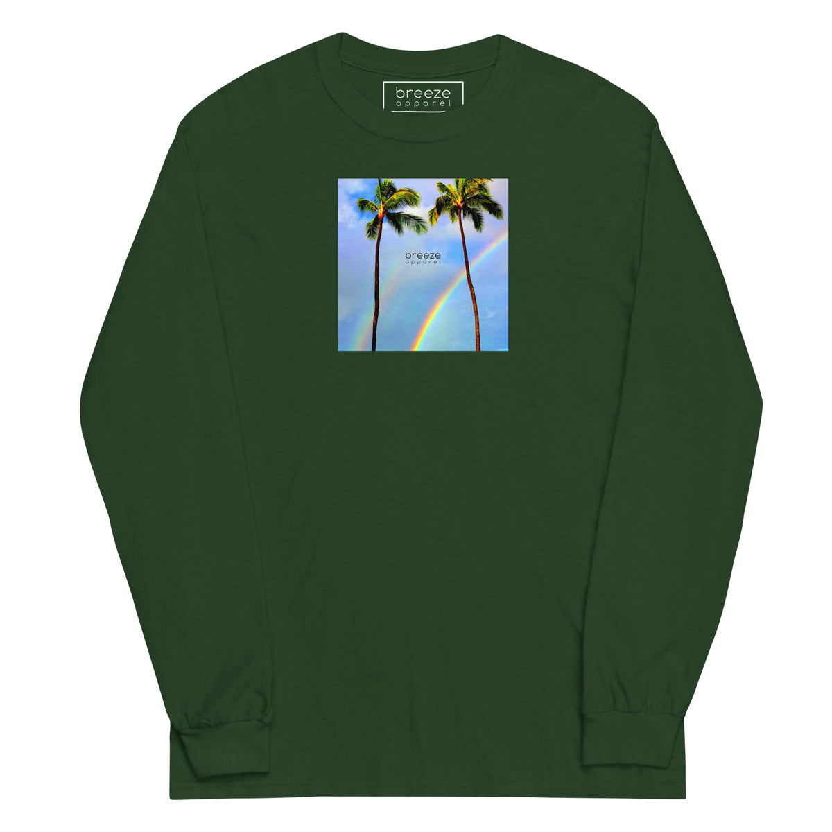 Forest-green long-sleeved shirt with a graphic of palm trees, rainbow, and a clear blue sky in the background. A small, black 'breeze apparel' logo is between the trees.