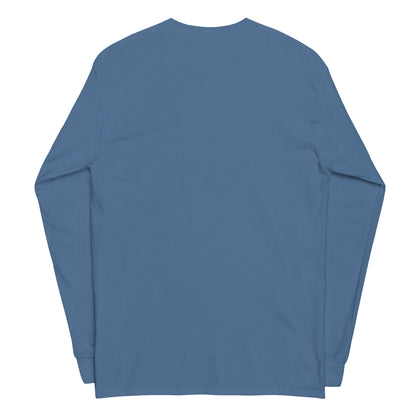 Plain back of indigo-blue long-sleeved shirt