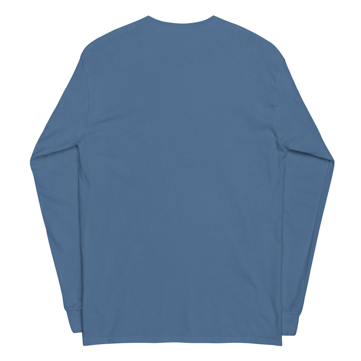 Plain back of indigo-blue long-sleeved shirt