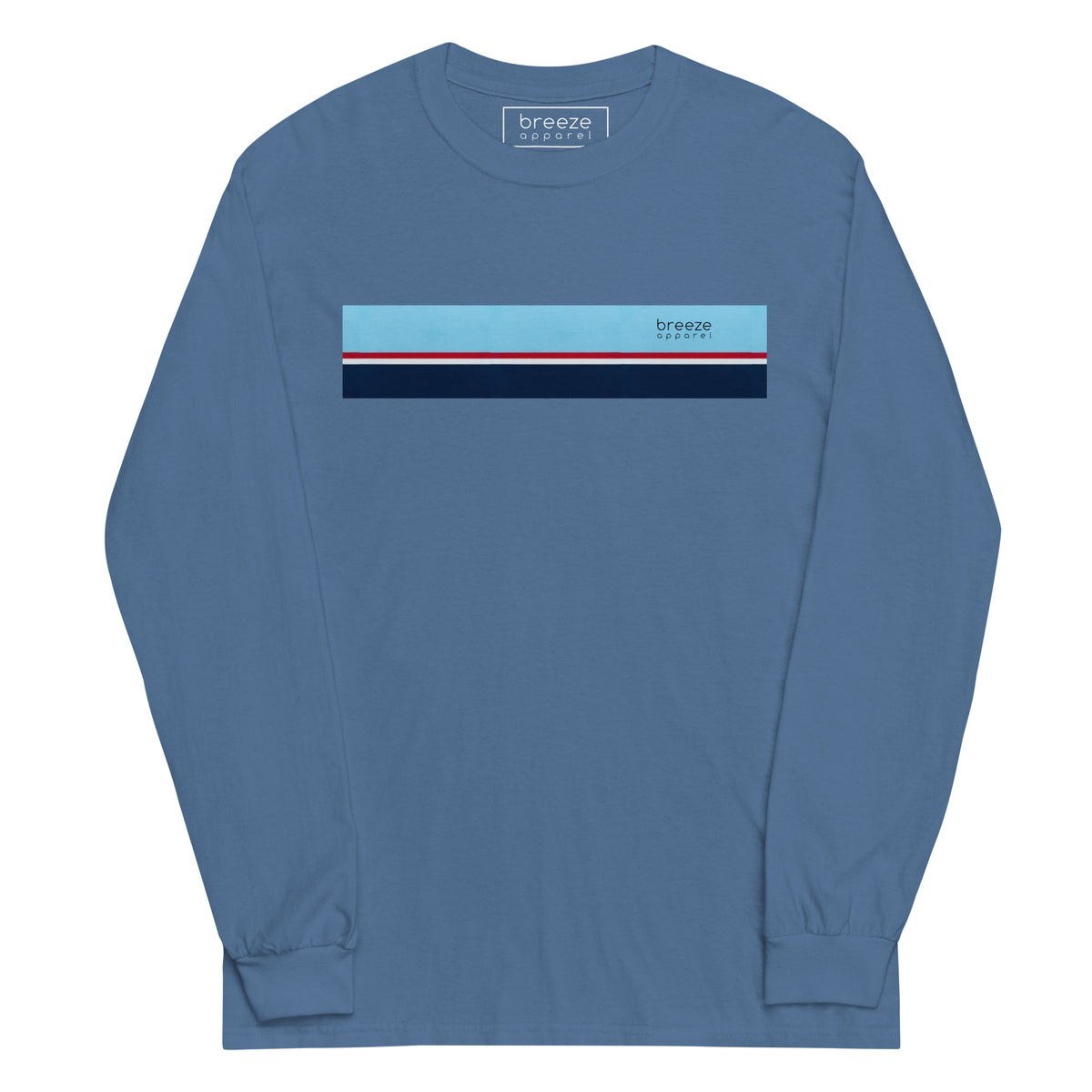 Indigo-blue long-sleeved shirt with horizontal blue, red, white, and navy stripe with small black 'breeze apparel' logo