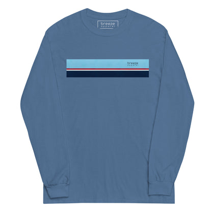 Indigo-blue long-sleeved shirt with horizontal blue, red, white, and navy stripe with small black 'breeze apparel' logo