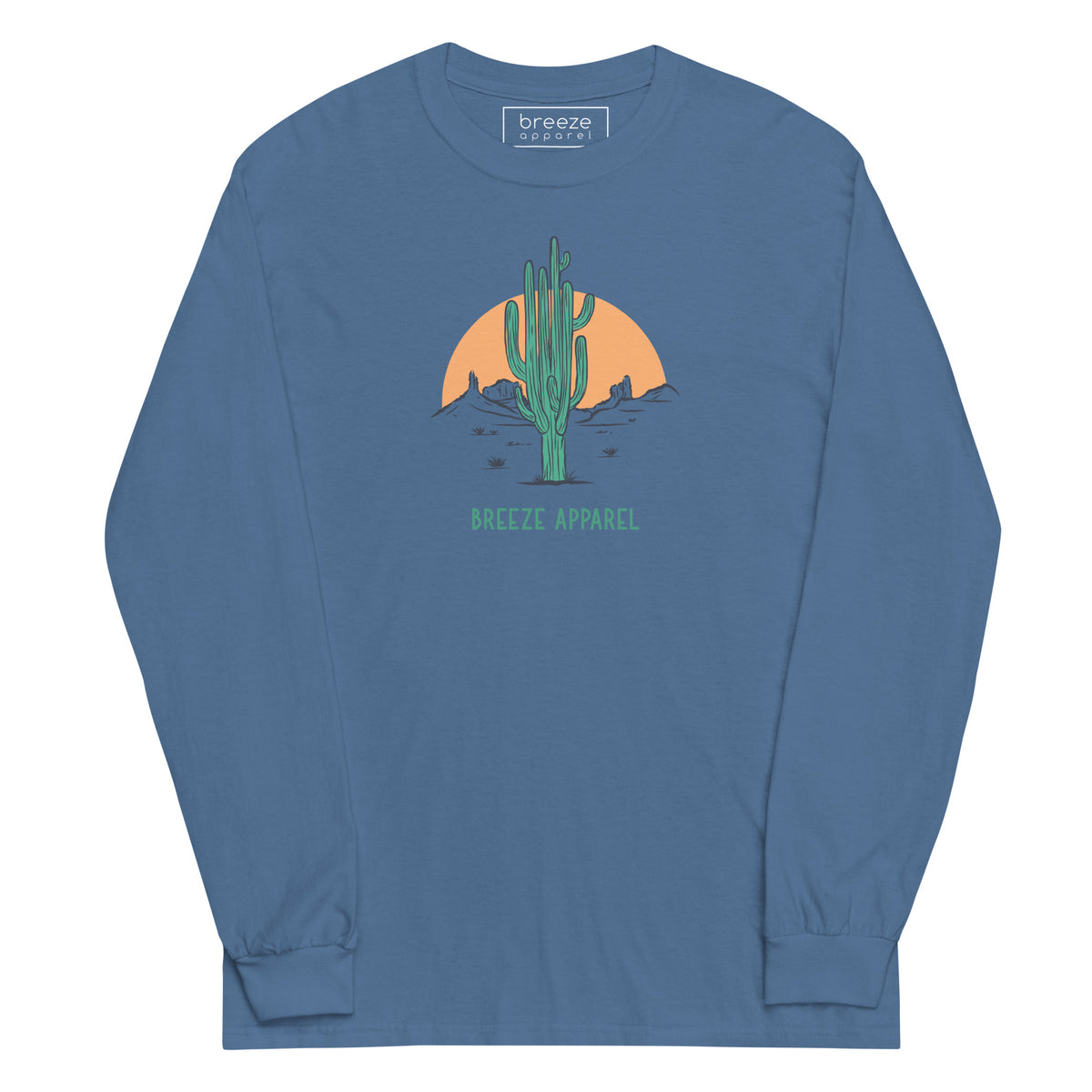 Indigo-blue long-sleeved shirt with a graphic of a cactus and sunset, with 'Breeze Apparel' written in green below.