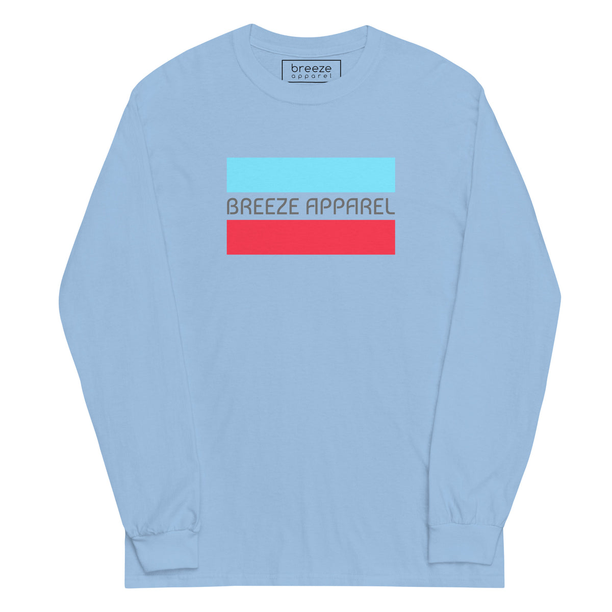 Light-blue long-sleeved shirt with gray 'Breeze Apparel' logo between horizontal bars, the top being light blue and the bottom being red.