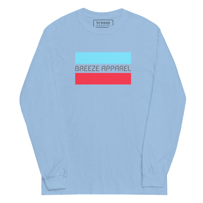 Light-blue long-sleeved shirt with gray 'Breeze Apparel' logo between horizontal bars, the top being light blue and the bottom being red.