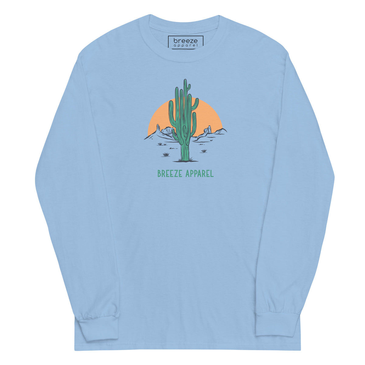 Light-blue long-sleeved shirt with a graphic of a cactus and sunset, with 'Breeze Apparel' written in green below.