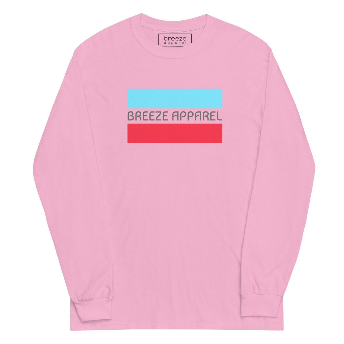 Light-pink long-sleeved shirt with gray 'Breeze Apparel' logo between horizontal bars, the top being light blue and the bottom being red.