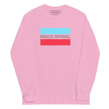 Light-pink long-sleeved shirt with gray 'Breeze Apparel' logo between horizontal bars, the top being light blue and the bottom being red.