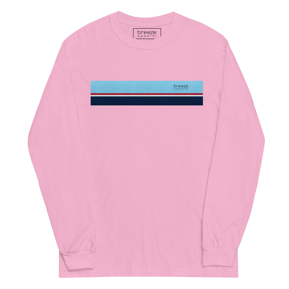 Pink long-sleeved shirt with horizontal blue, red, white, and navy stripe with small black 'breeze apparel' logo