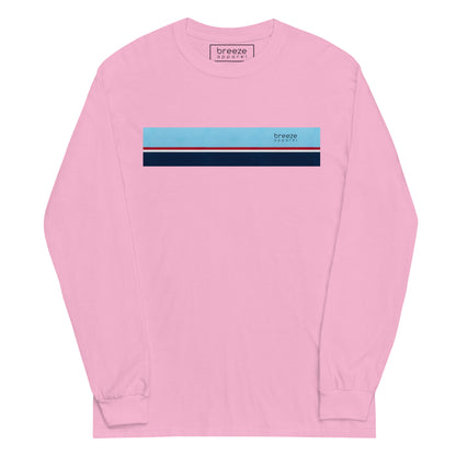 Pink long-sleeved shirt with horizontal blue, red, white, and navy stripe with small black 'breeze apparel' logo