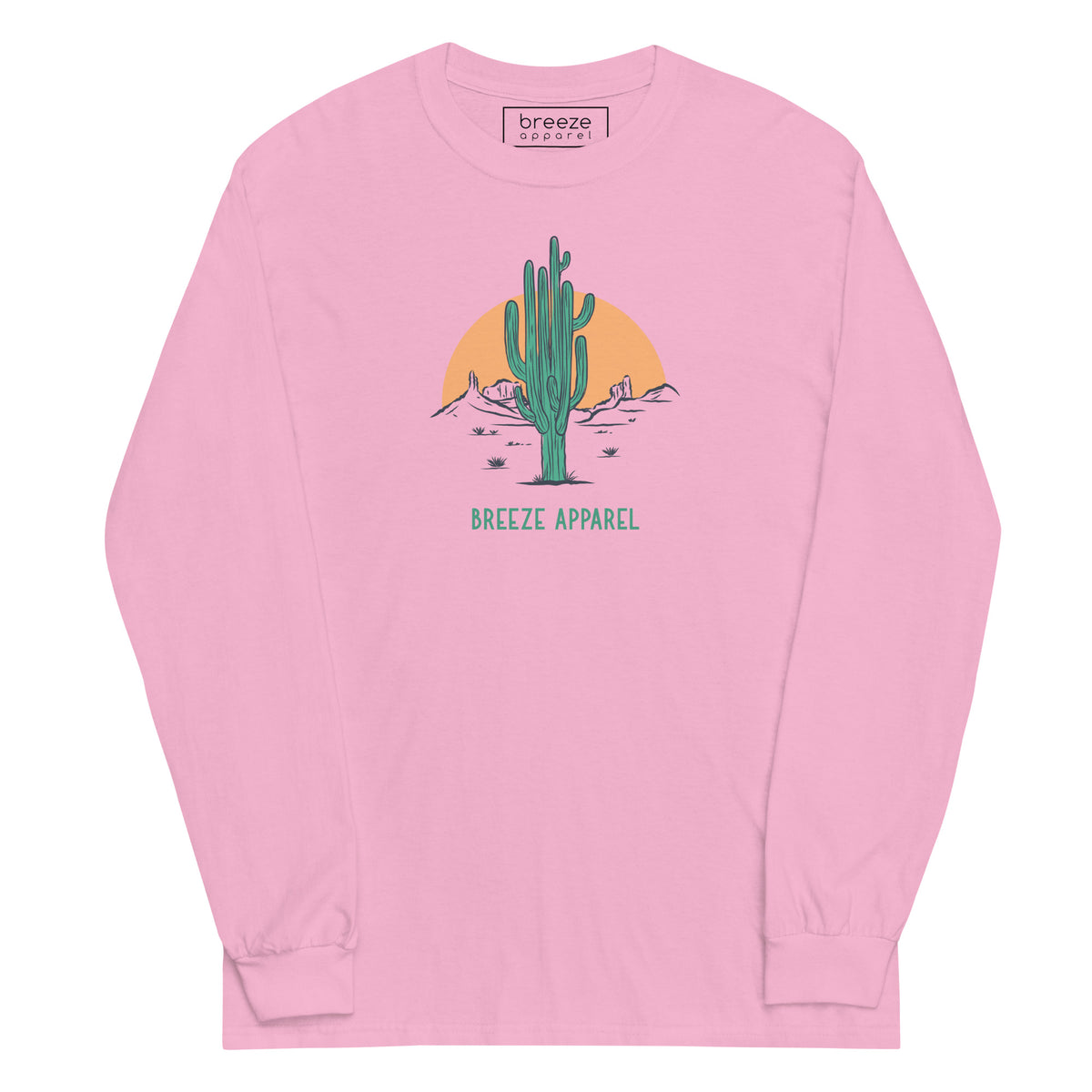 Light-pink long-sleeved shirt with a graphic of a cactus and sunset, with 'Breeze Apparel' written in green below.