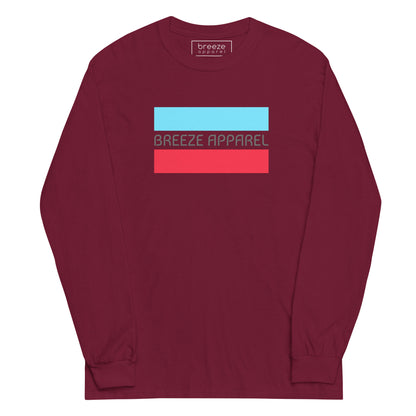 Maroon long-sleeved shirt with gray 'Breeze Apparel' logo between horizontal bars, the top being light blue and the bottom being red.