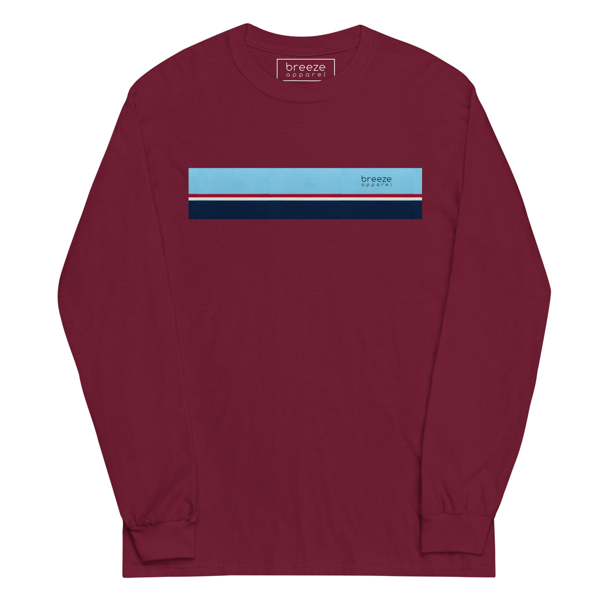Maroon long-sleeved shirt with horizontal blue, red, white, and navy stripe with small black 'breeze apparel' logo
