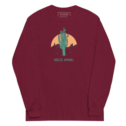 Maroon long-sleeved shirt with a graphic of a cactus and sunset, with 'Breeze Apparel' written in green below.