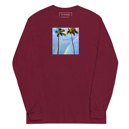 Maroon long-sleeved shirt with a graphic of palm trees, rainbow, and a clear blue sky in the background. A small, black 'breeze apparel' logo is between the trees.