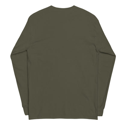 Plain back of military-green long-sleeved shirt