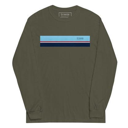 Military-green long-sleeved shirt with horizontal blue, red, white, and navy stripe with small black 'breeze apparel' logo