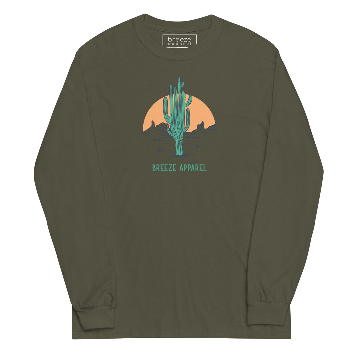 Military-green long-sleeved shirt with a graphic of a cactus and sunset, with 'Breeze Apparel' written in green below.