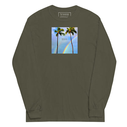 Military-green long-sleeved shirt with a graphic of palm trees, rainbow, and a clear blue sky in the background. A small, black 'breeze apparel' logo is between the trees.