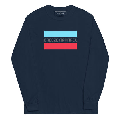 Navy long-sleeved shirt with gray 'Breeze Apparel' logo between horizontal bars, the top being light blue and the bottom being red.