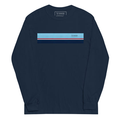 Navy long-sleeved shirt with horizontal blue, red, white, and navy stripe with small black 'breeze apparel' logo