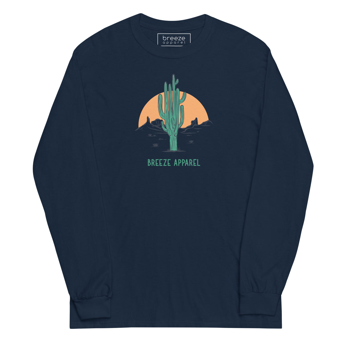 Navy long-sleeved shirt with a graphic of a cactus and sunset, with 'Breeze Apparel' written in green below.