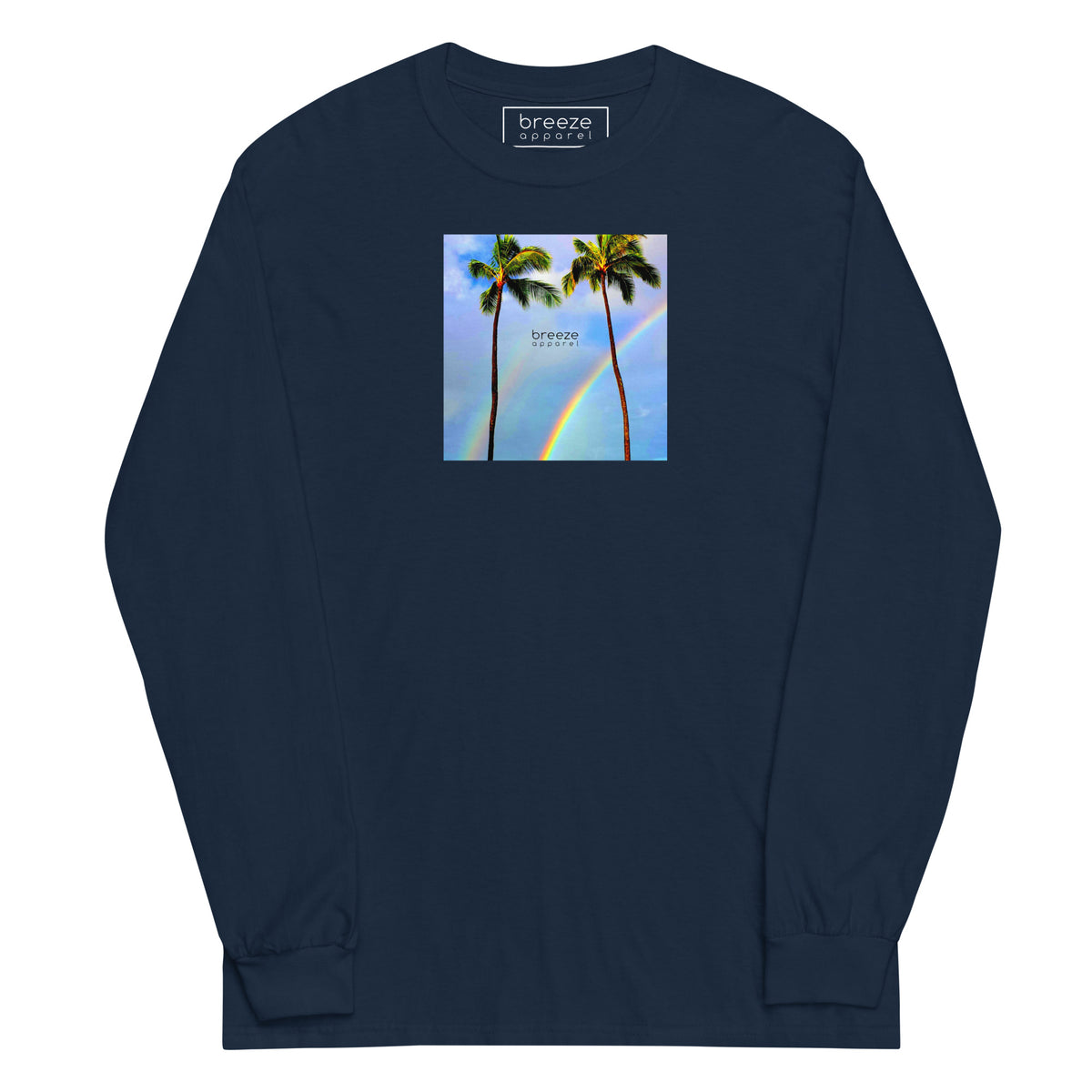 Navy long-sleeved shirt with a graphic of palm trees, rainbow, and a clear blue sky in the background. A small, black 'breeze apparel' logo is between the trees.