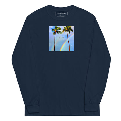 Navy long-sleeved shirt with a graphic of palm trees, rainbow, and a clear blue sky in the background. A small, black 'breeze apparel' logo is between the trees.