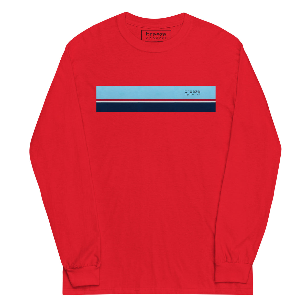 Red long-sleeved shirt with horizontal blue, red, white, and navy stripe with small black 'breeze apparel' logo