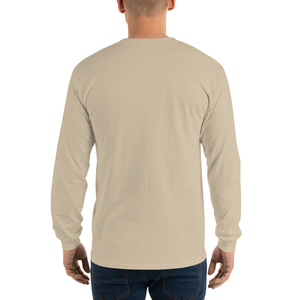 Rear view of man wearing sand long-sleeved shirt