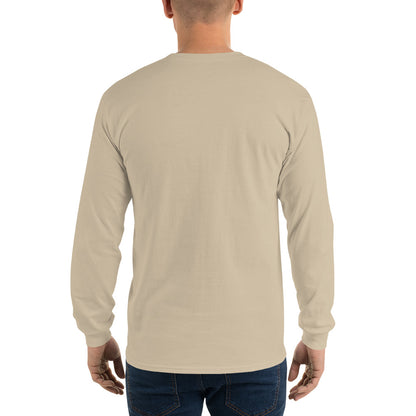 Rear view of man wearing sand long-sleeved shirt
