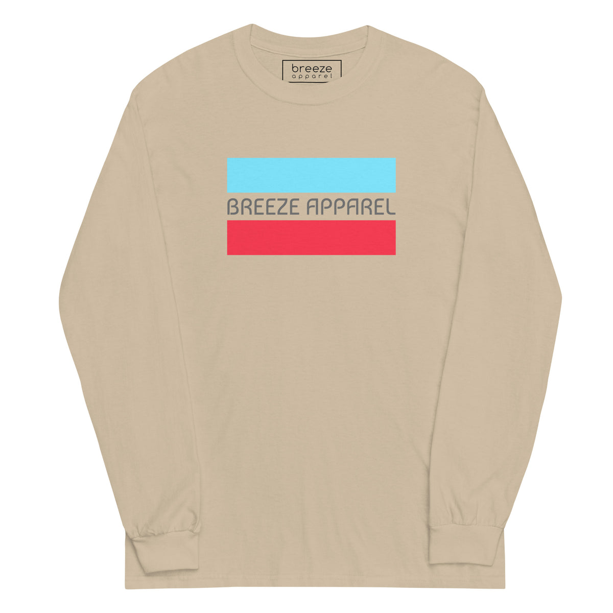 Sand long-sleeved shirt with gray 'Breeze Apparel' logo between horizontal bars, the top being light blue and the bottom being red.