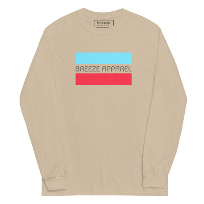 Sand long-sleeved shirt with gray 'Breeze Apparel' logo between horizontal bars, the top being light blue and the bottom being red.