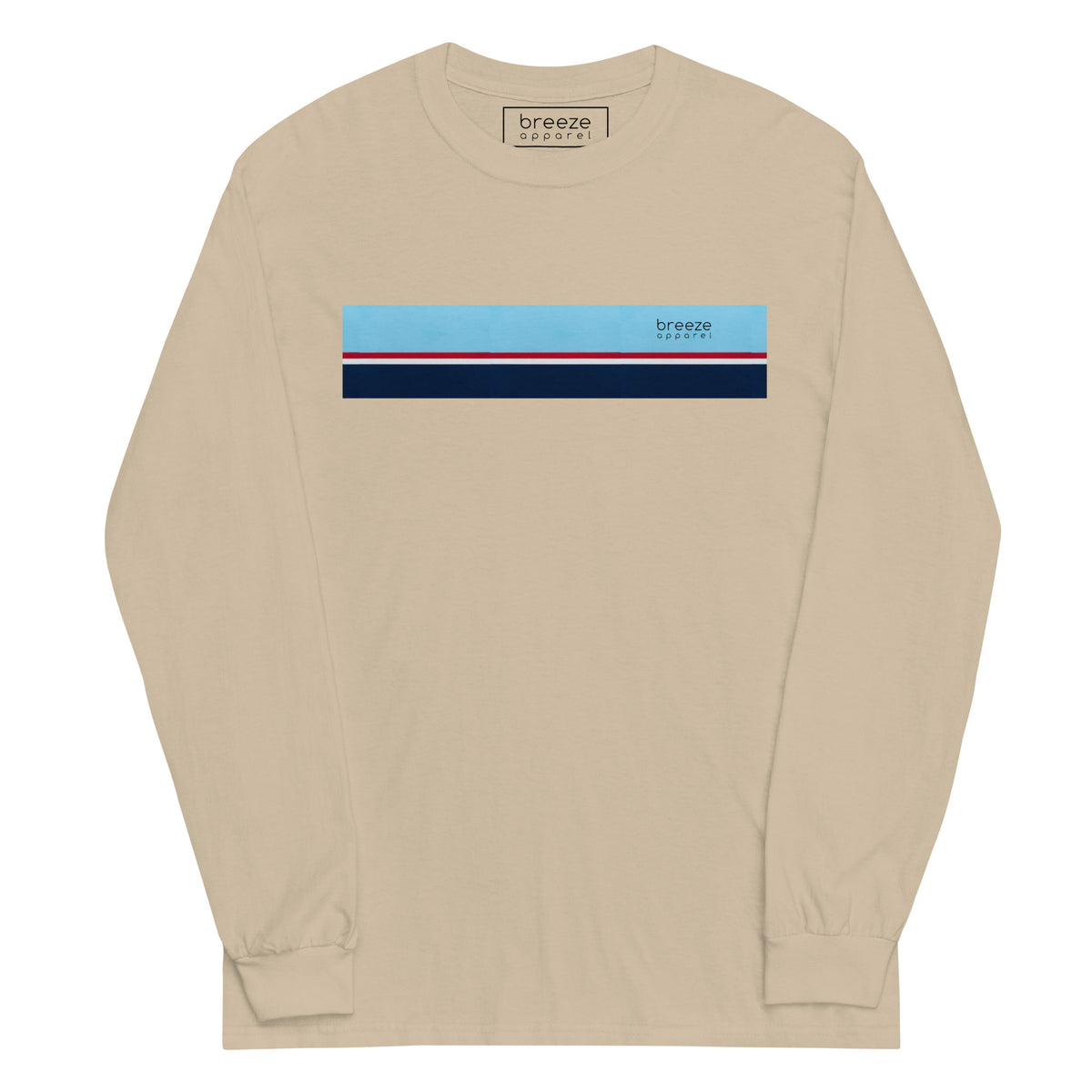 Sand long-sleeved shirt with horizontal blue, red, white, and navy stripe with small black 'breeze apparel' logo