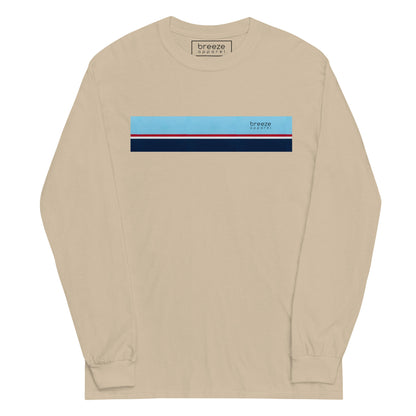 Sand long-sleeved shirt with horizontal blue, red, white, and navy stripe with small black 'breeze apparel' logo
