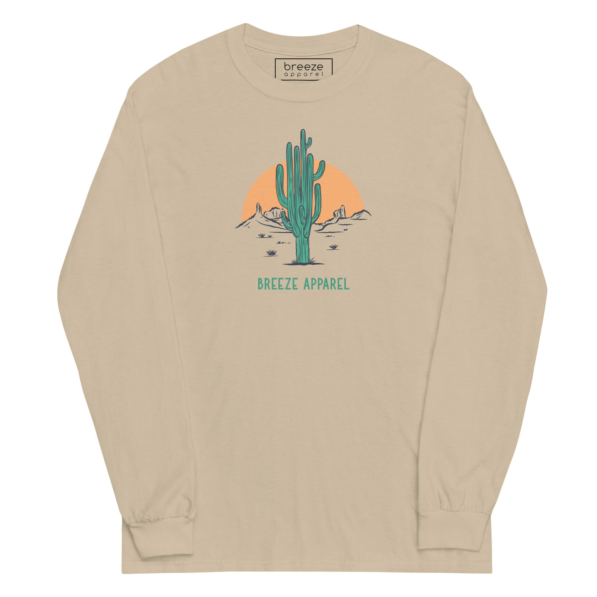 Sand long-sleeved shirt with a graphic of a cactus and sunset, with 'Breeze Apparel' written in green below.