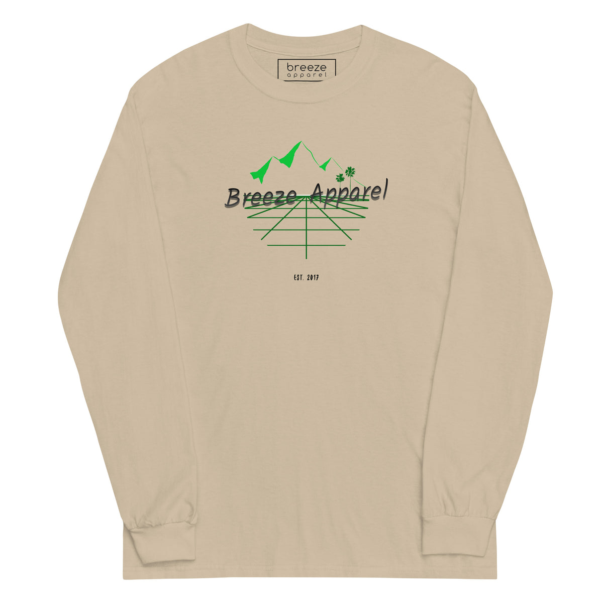 Beige long-sleeved shirt with 'Breeze Apparel' logo set on a graphic of a grid, palm trees, and mountains.
