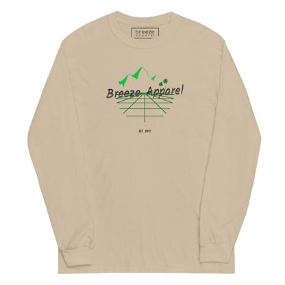 Beige long-sleeved shirt with 'Breeze Apparel' logo set on a graphic of a grid, palm trees, and mountains.