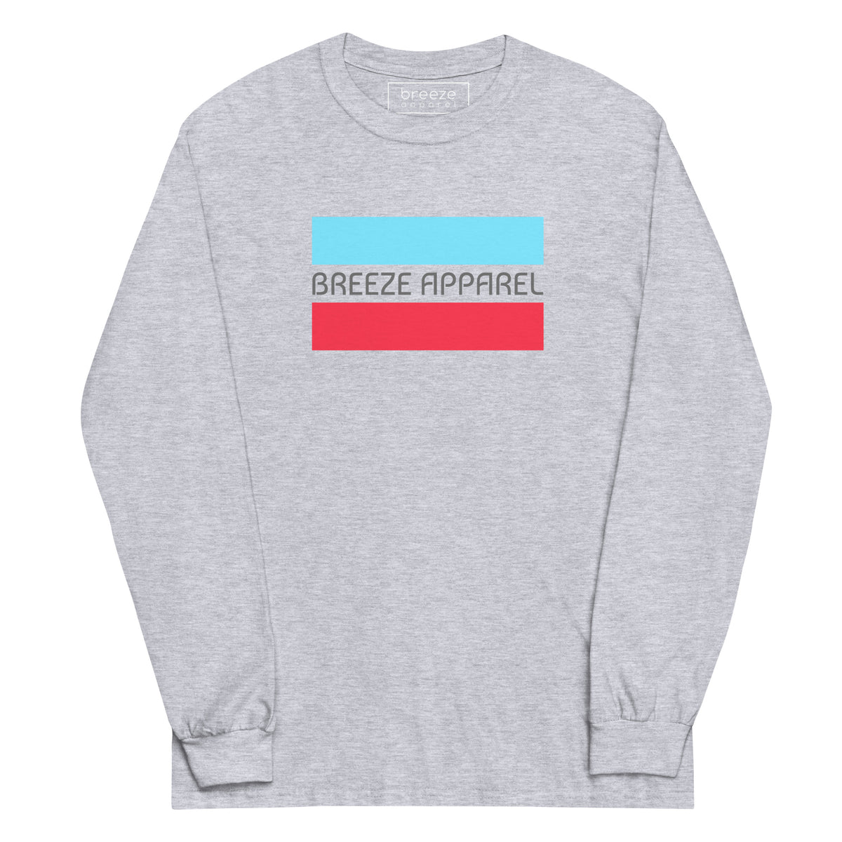 Sport-gray long-sleeved shirt with gray 'Breeze Apparel' logo between horizontal bars, the top being light blue and the bottom being red.