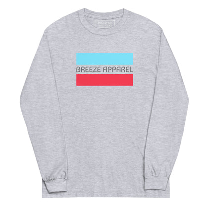 Sport-gray long-sleeved shirt with gray 'Breeze Apparel' logo between horizontal bars, the top being light blue and the bottom being red.
