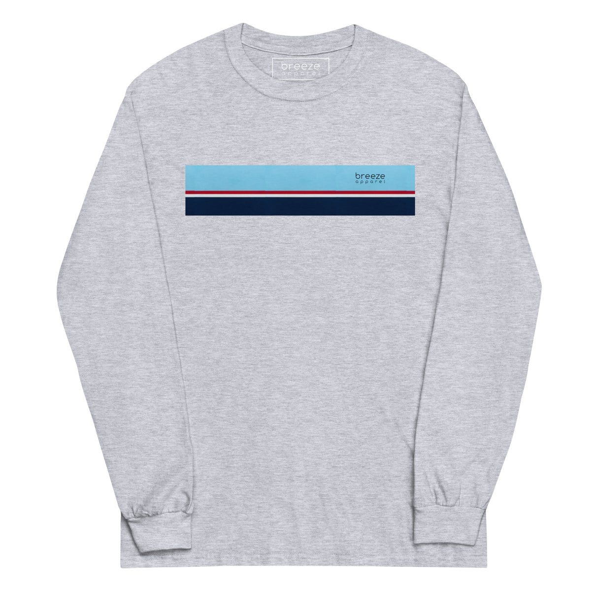 Sport-gray long-sleeved shirt with horizontal blue, red, white, and navy stripe with small black 'breeze apparel' logo