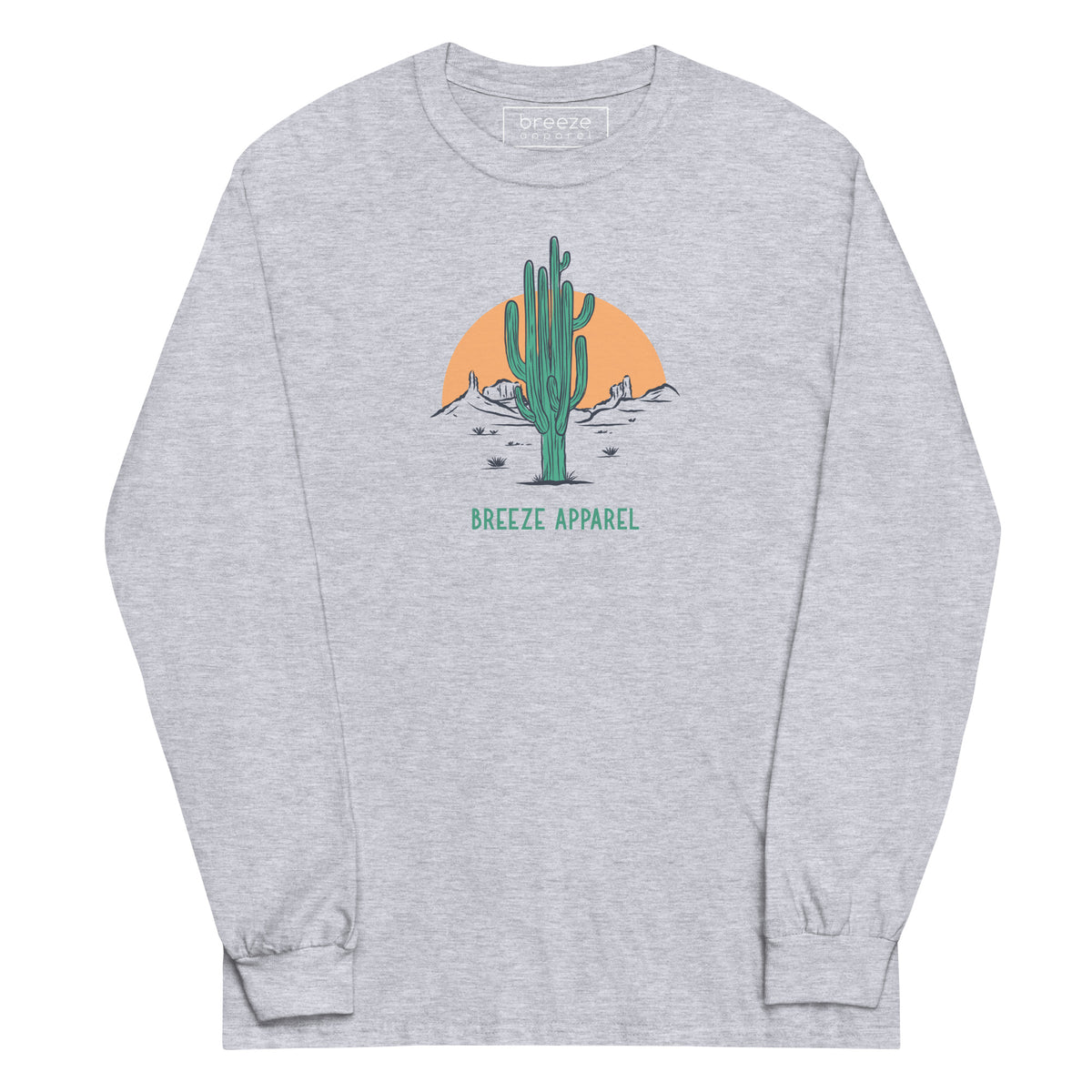 Sport-gray long-sleeved shirt with a graphic of a cactus and sunset, with 'Breeze Apparel' written in green below.